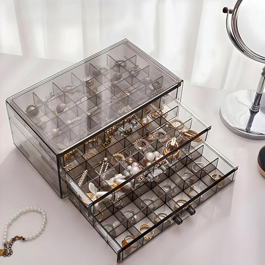 Clear Acrylic 3-Layer Jewelry Organizer Box Drawer Storage Case for Earrings, Rings & Accessories