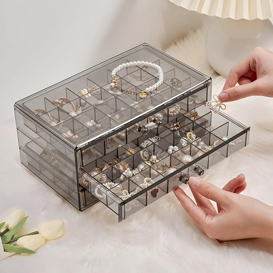 Clear Acrylic 3-Layer Jewelry Organizer Box Drawer Storage Case for Earrings, Rings & Accessories