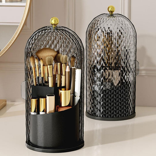 Makeup Brush Holder with Lid Diamond Birdcage 360 Rotating Makeup Organizer Dustproof