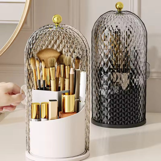 Makeup Brush Holder with Lid Diamond Birdcage 360 Rotating Makeup Organizer Dustproof