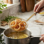 golden frying oil strainer spoon with wooden handle