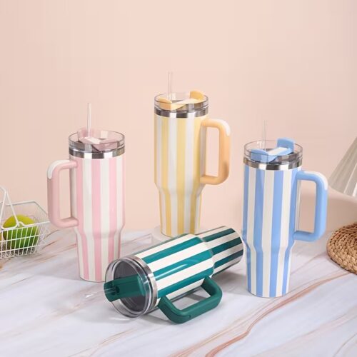 stanley quencher tumbler with handle – 40oz striped travel mug with straw & lid for iced coffee, water & more