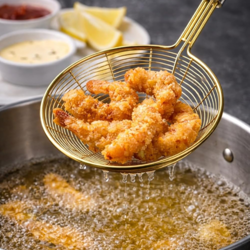 golden frying oil strainer spoon with wooden handle