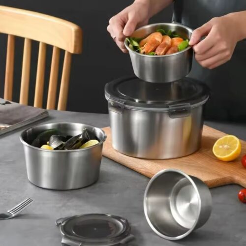 4pcs stainless steel storage food containers round box set with look
