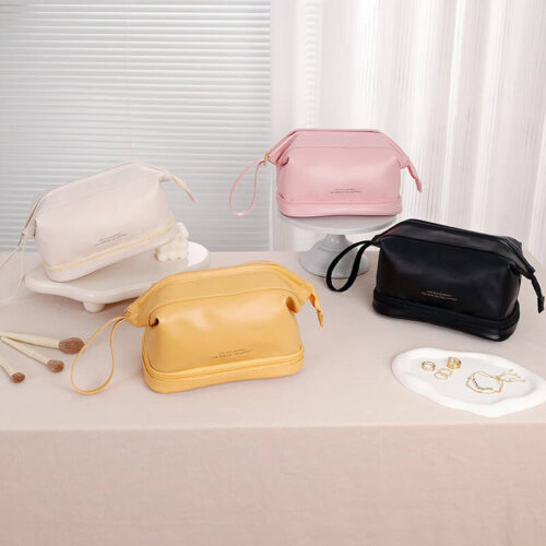 multifunctional double layer leather travel cosmetic bag
