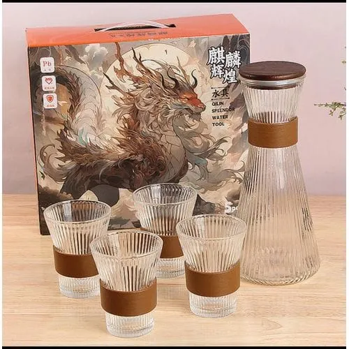 5pcs ribbed carafe glass water set