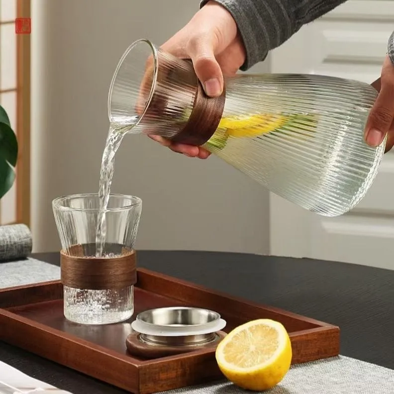 5pcs ribbed carafe glass water set