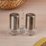 luxury stainless steel salt & pepper shaker set with acrylic holder