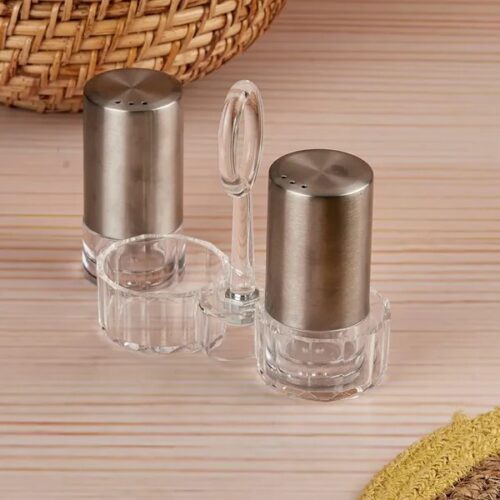 luxury stainless steel salt & pepper shaker set with acrylic holder