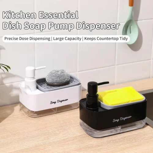 kitchen dishwashing soap dispenser with dual compartments & sponge tray