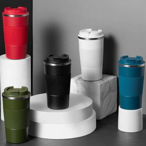 stainless steel coffee cup with protective leather sleeve