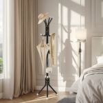 simple metal coat rack with marble base and 12 staggered hooks, 70" tall