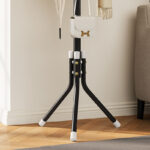 simple metal coat rack with marble base and 12 staggered hooks, 70" tall