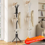 simple metal coat rack with marble base and 12 staggered hooks, 70" tall