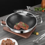 304 stainless steel honeycomb laser coated non stick wok with lid