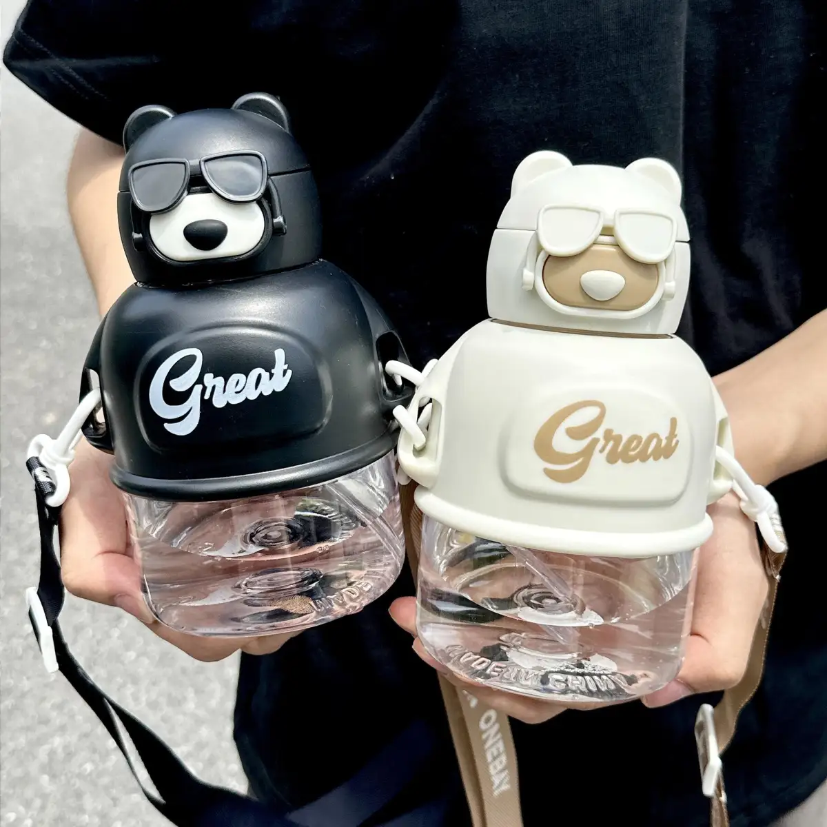 cute bear shape kids water bottle with strap