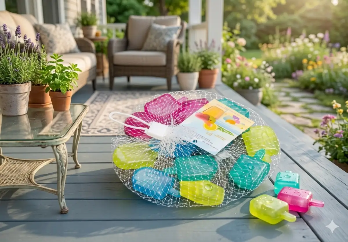reusable colorful ice cubes in mesh bag