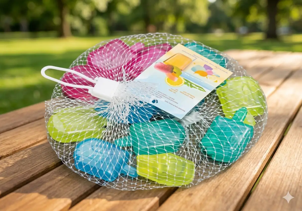reusable colorful ice cubes in mesh bag