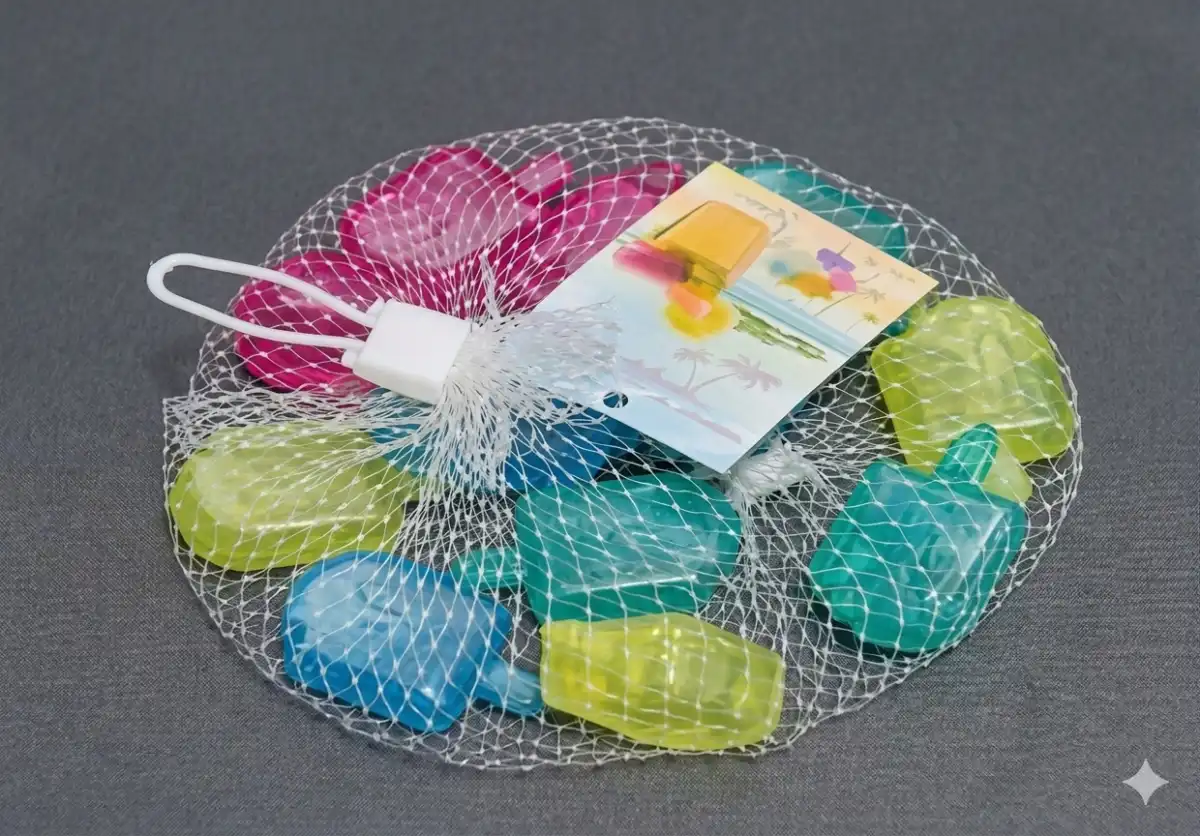 reusable colorful ice cubes in mesh bag
