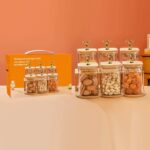 6 piece glass spice and nut jar set with bamboo lids and tray