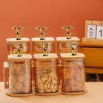 6 piece glass spice and nut jar set with bamboo lids and tray