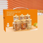 6 piece glass spice and nut jar set with bamboo lids and tray