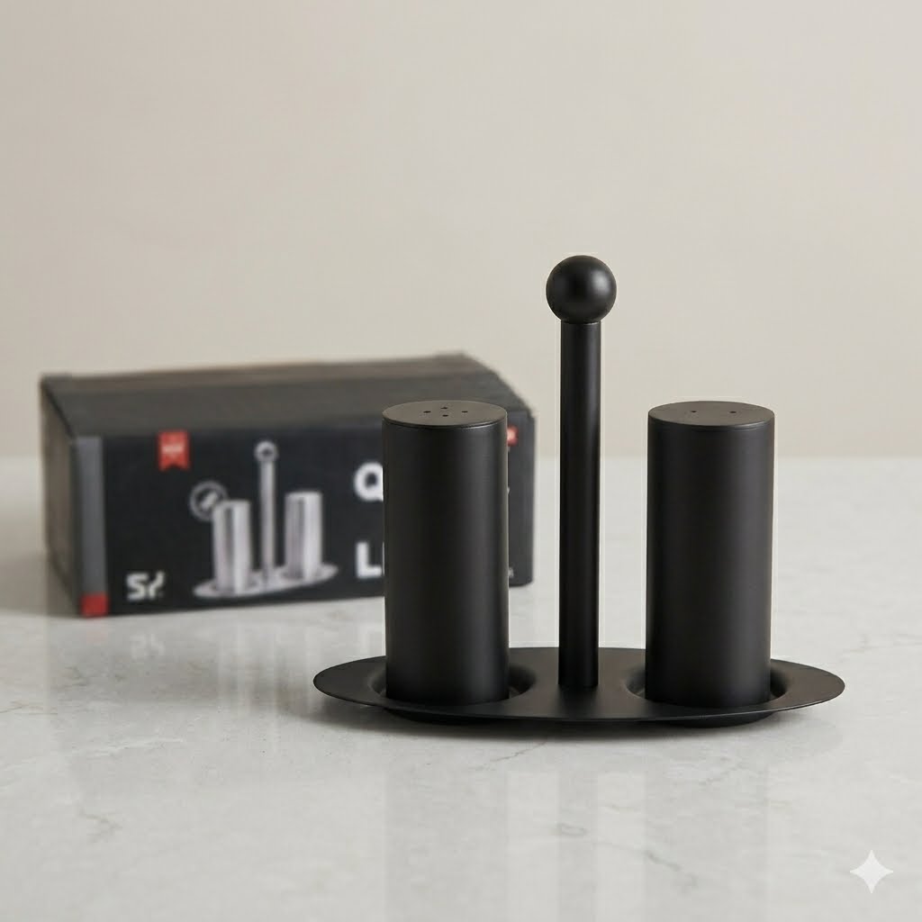 luxury stainless steel salt & pepper shaker set with elegant holder