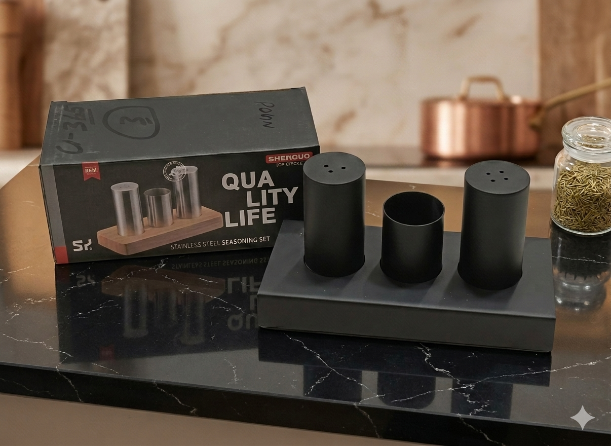 luxury stainless steel salt & pepper shaker set with toothpick holder