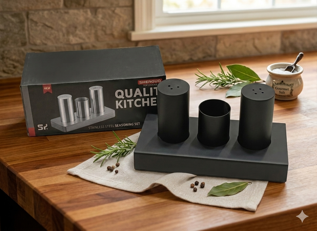 luxury stainless steel salt & pepper shaker set with toothpick holder