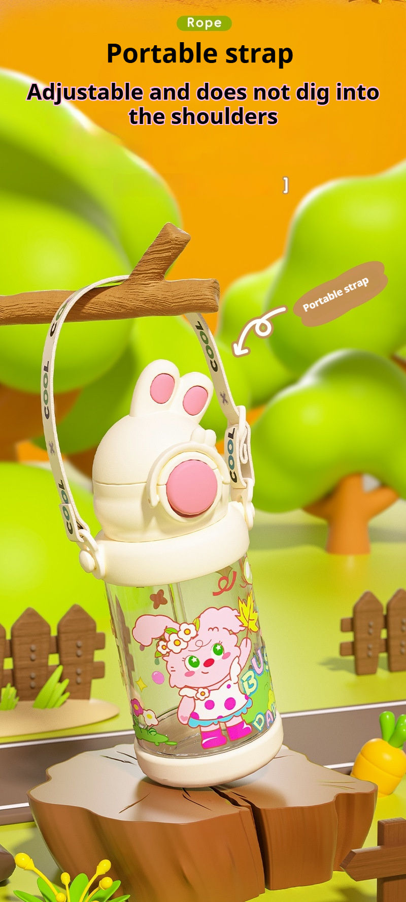 Cute Rabbit Ear Kids Water Bottle With Strap