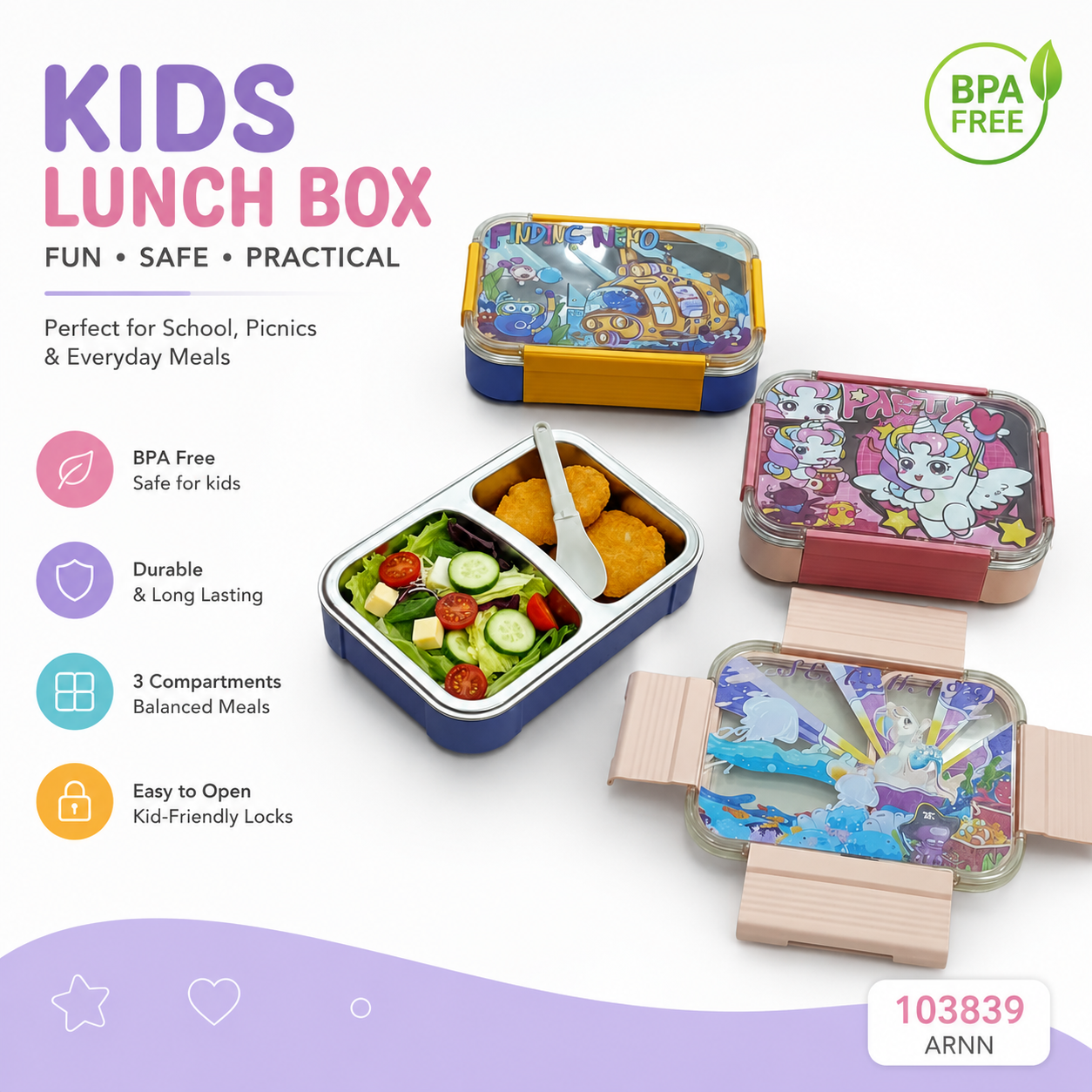 Stainless Steel Cartoon Kids Bento Lunch Box Divided - Image 3