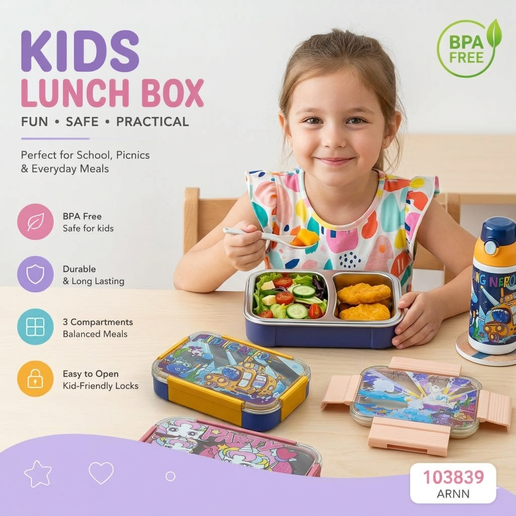 Stainless Steel Cartoon Kids Bento Lunch Box Divided