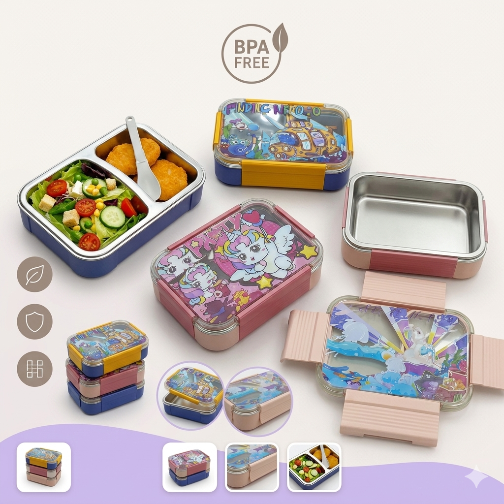 Stainless Steel Cartoon Kids Bento Lunch Box Divided - Image 2