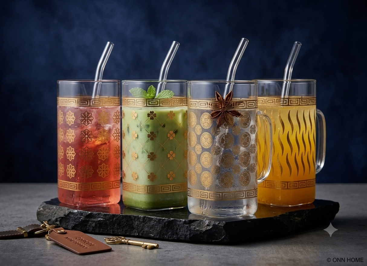 Premium Gold Patterned Glass Mug With Glass Straw