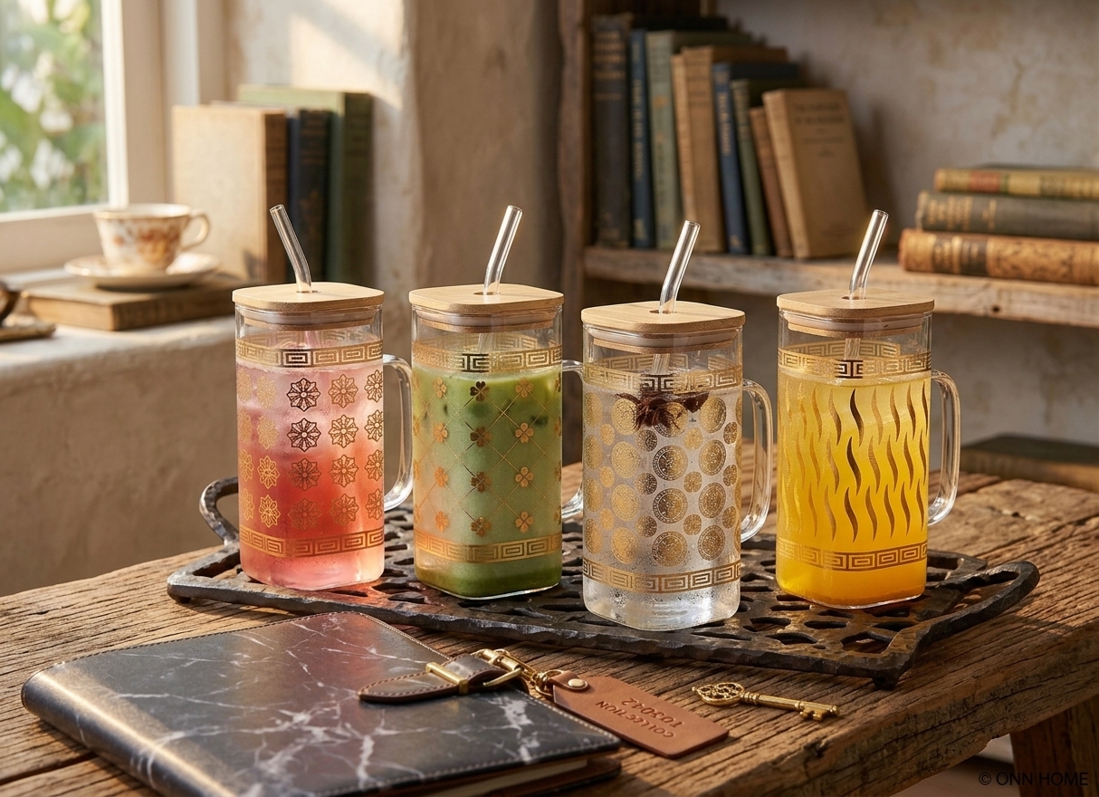 Premium Gold Patterned Glass Mug With Glass Straw