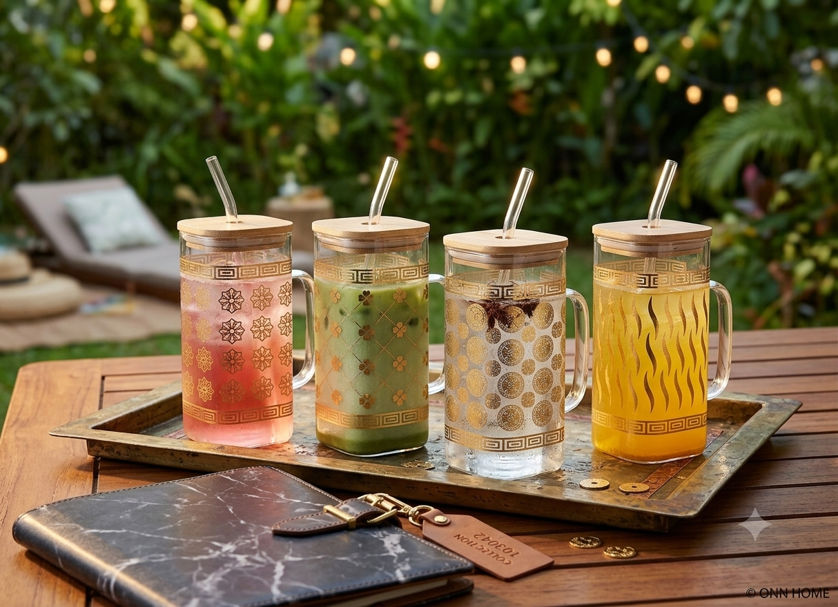 Premium Gold Patterned Glass Mug With Glass Straw