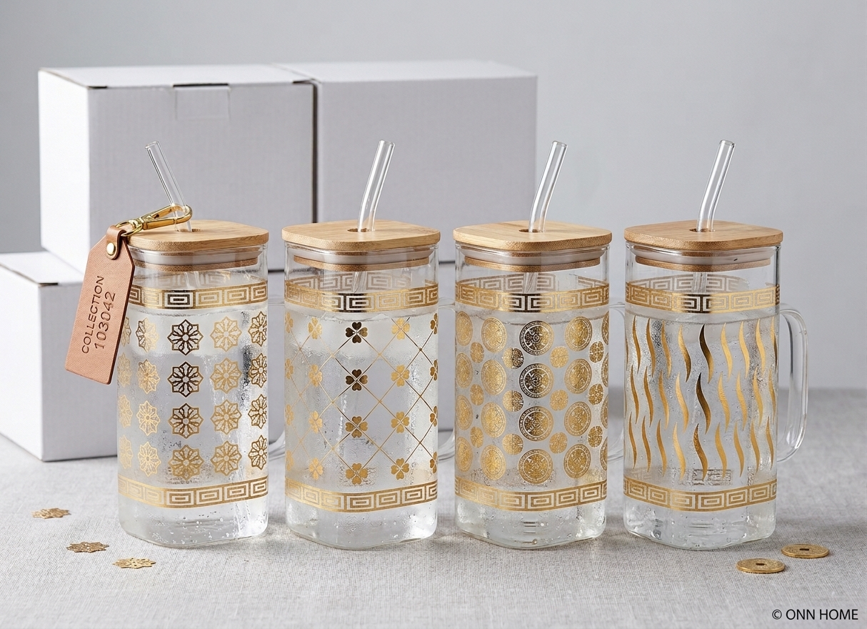 Premium Gold Patterned Glass Mug With Glass Straw