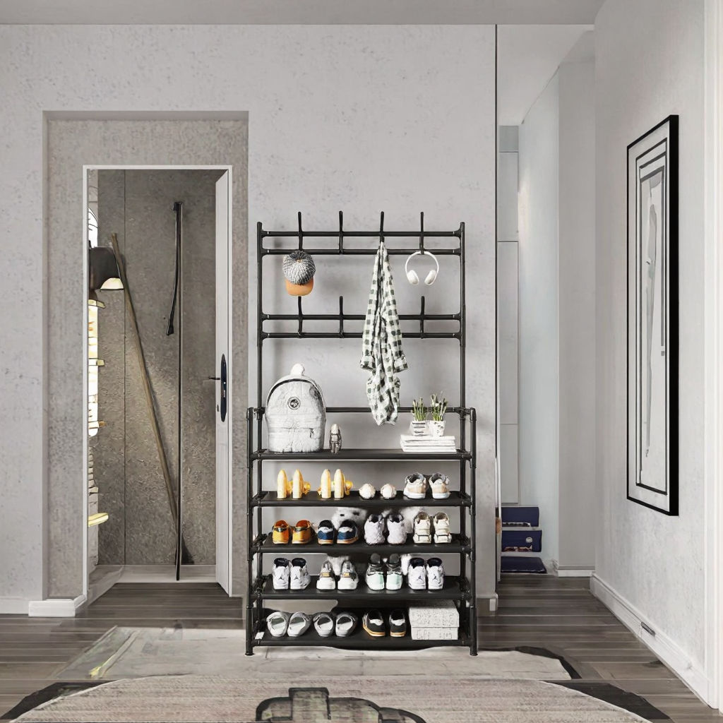 Industrial Entryway Coat Rack With 5 Layer Shoe Rack