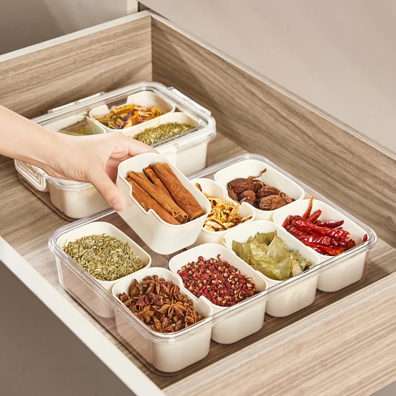 Clear Divided Spice Storage Box with Removable Bins