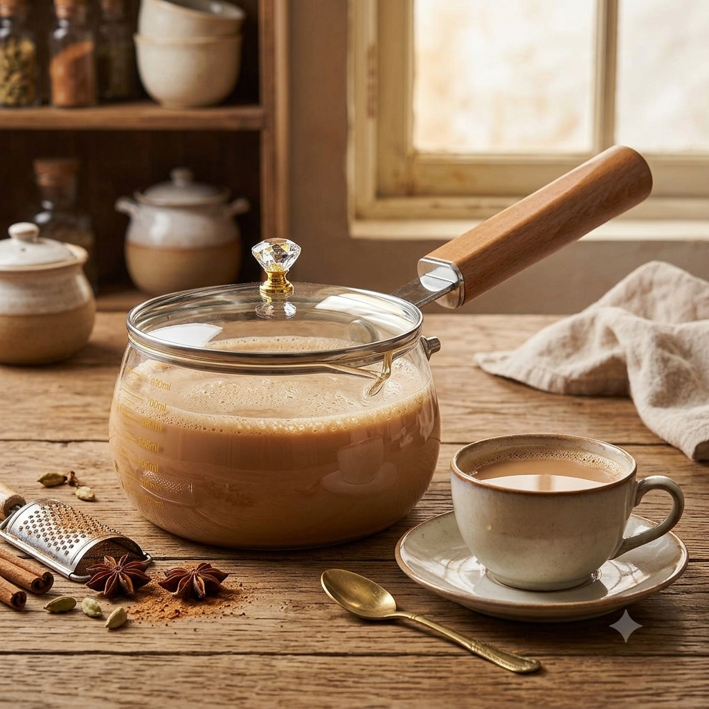 Premium Borosilicate Glass Milk Pan With Wooden Handle