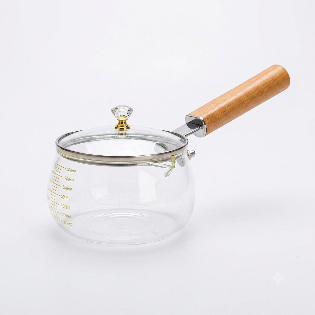 Premium Borosilicate Glass Milk Pan With Wooden Handle