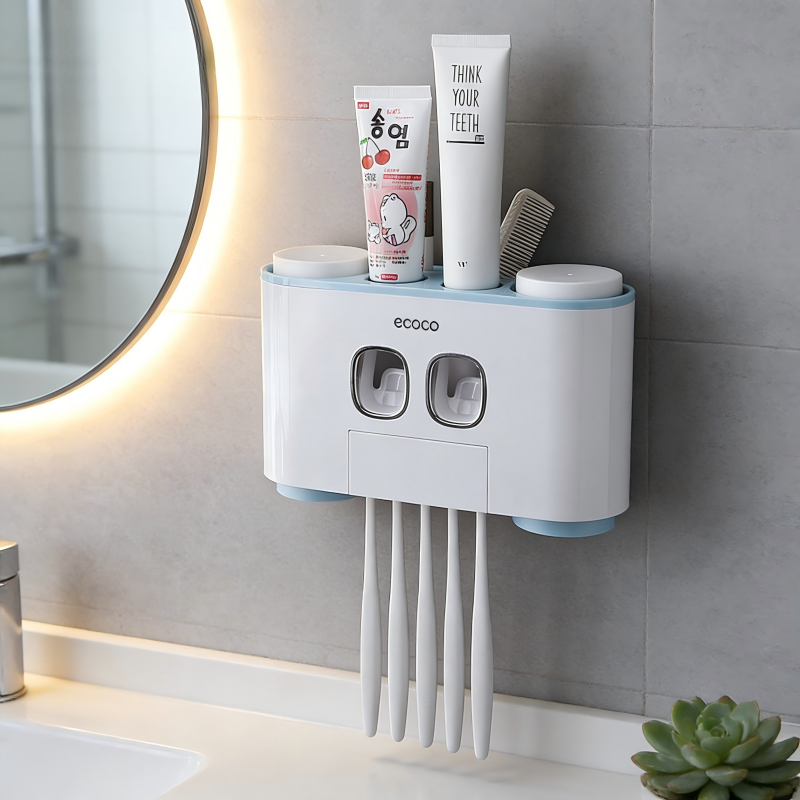Wall-Mounted Automatic Toothpaste Dispenser and Toothbrush Holder