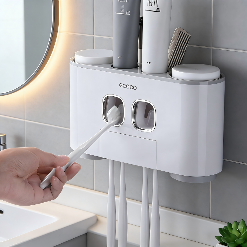 Wall-Mounted Automatic Toothpaste Dispenser and Toothbrush Holder