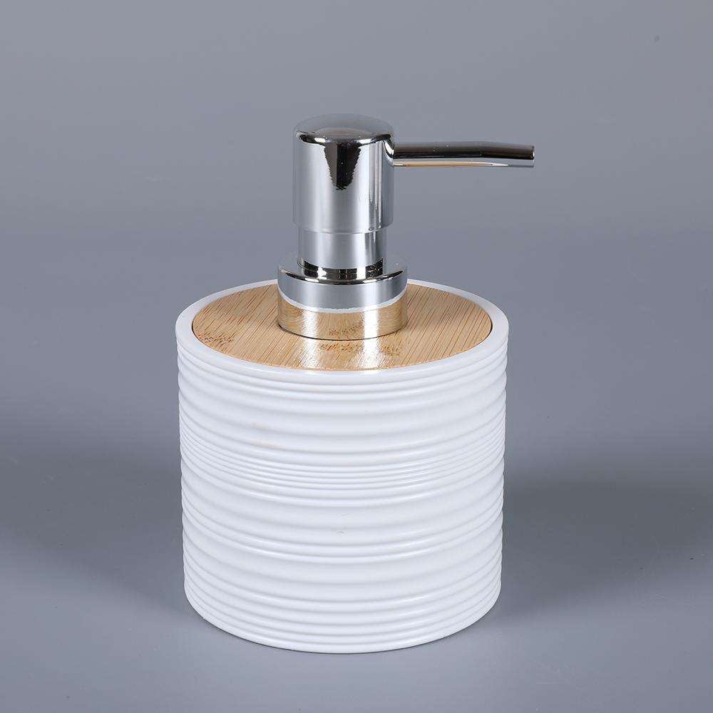 Elegant Textured White Ceramic Soap Dispenser With Bamboo