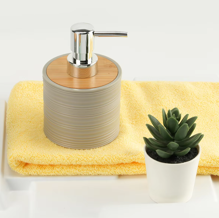 Elegant Textured White Ceramic Soap Dispenser With Bamboo