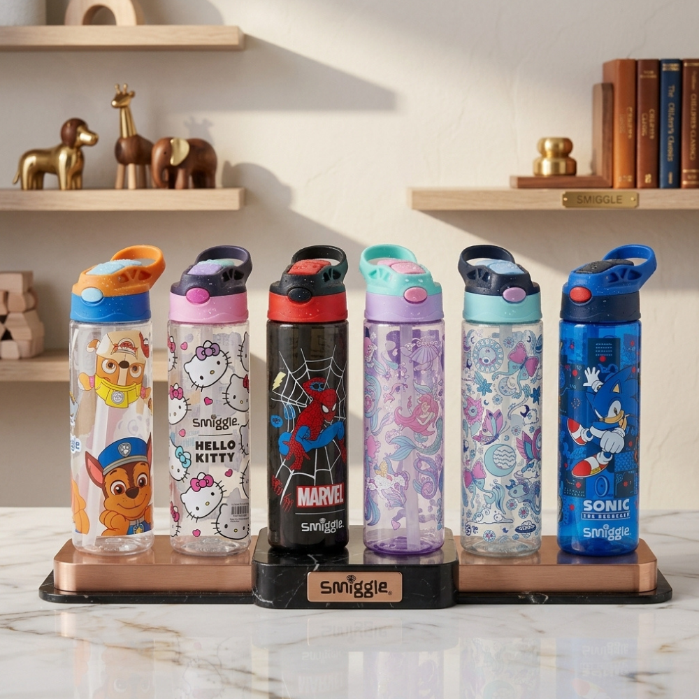 Cartoon Printed Kids Plastic Water Bottle With Straw
