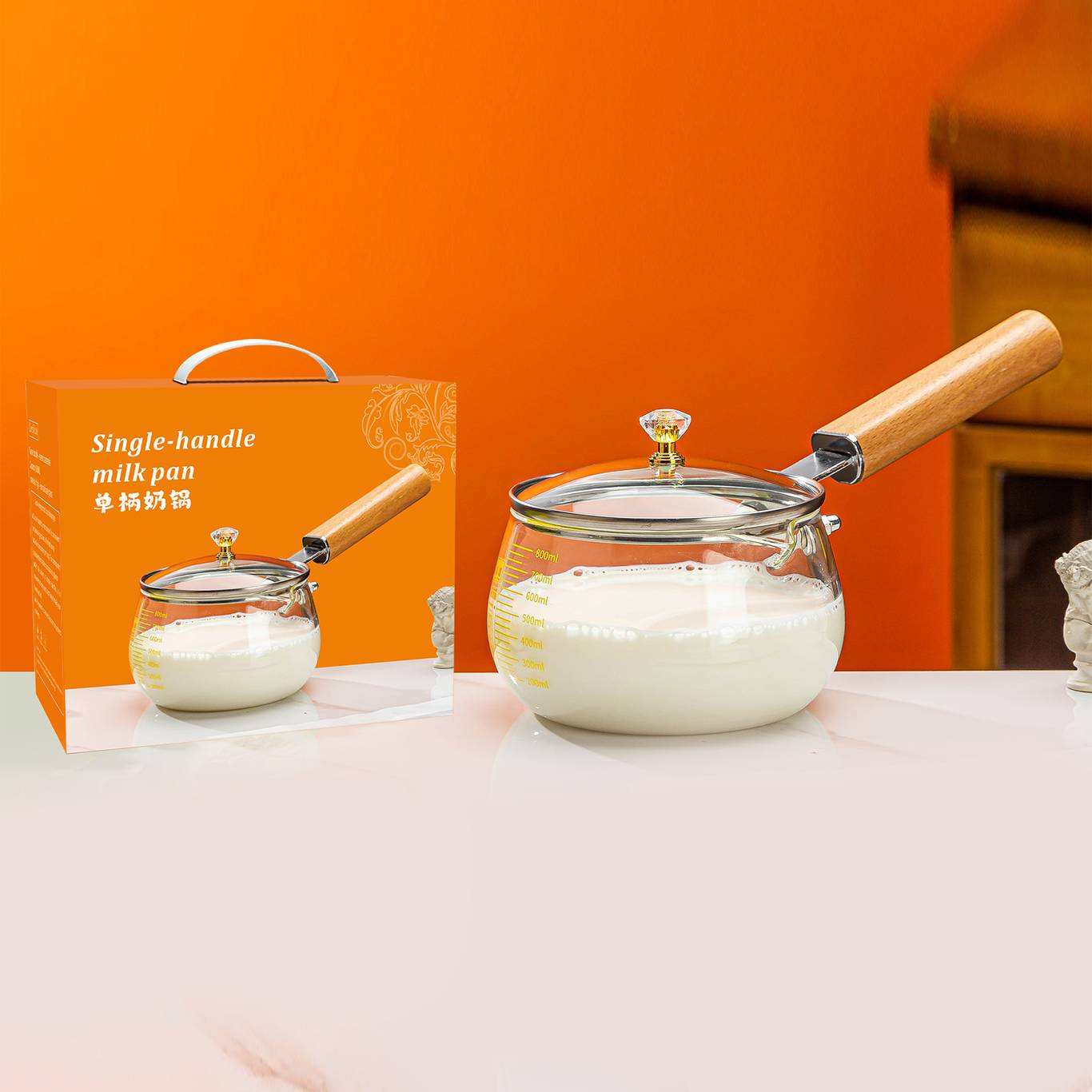 Premium Borosilicate Glass Milk Pan With Wooden Handle