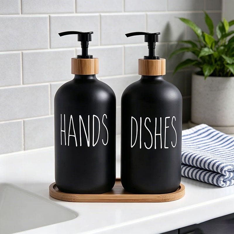 Modern Black 2 Piece Soap Dispenser Set With Tray