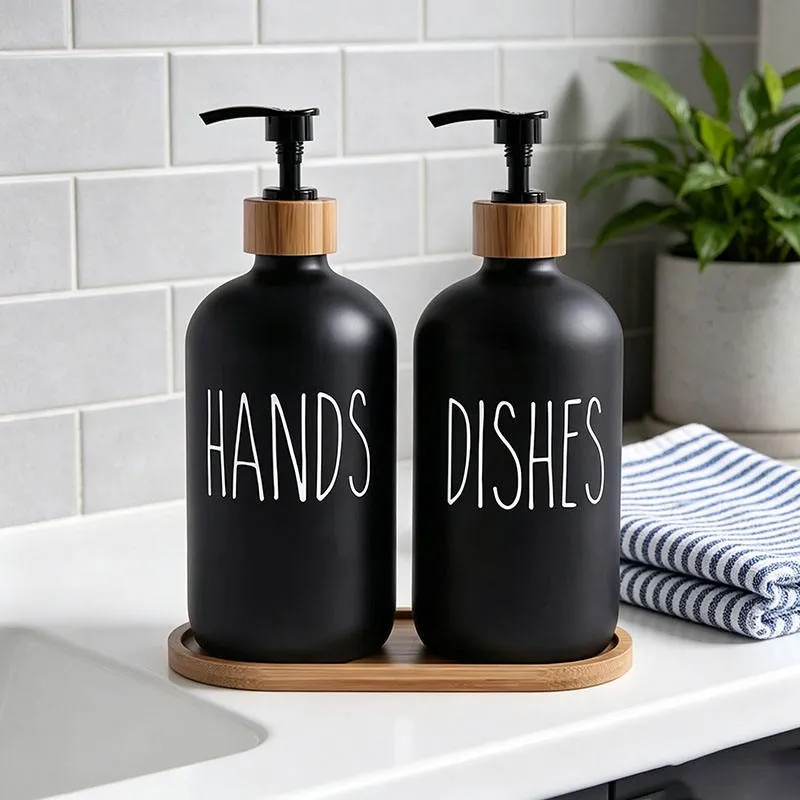 Modern Black 2 Piece Soap Dispenser Set With Tray