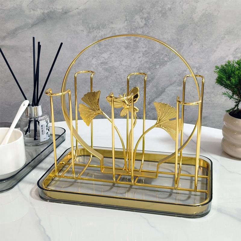 Luxury Gold Metal Cup Drying Rack With Tray